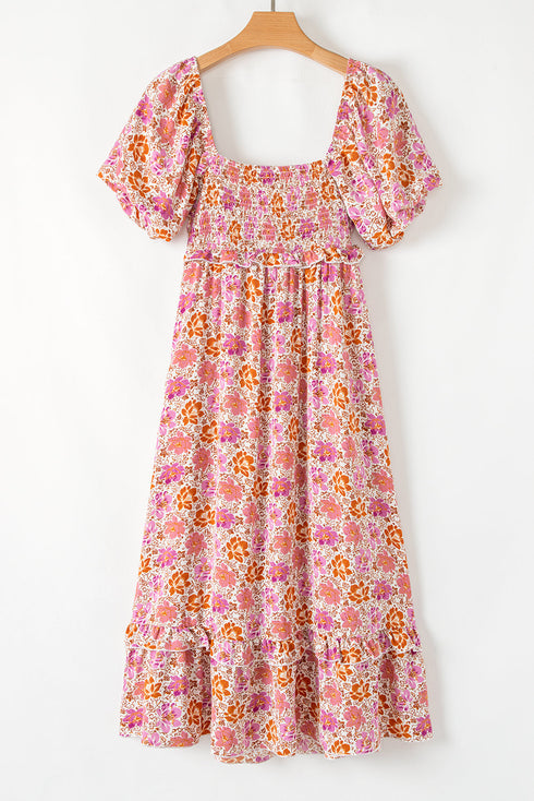 Pink Floral Square Neck Knotted Ruffle Midi Dress